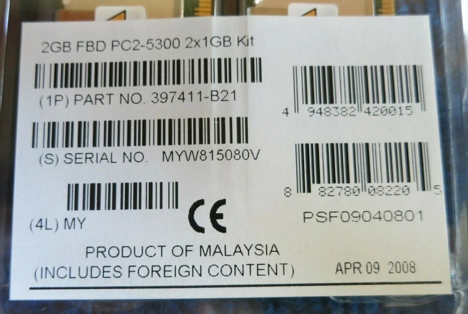 New HP 397411-B21 2GB Kit (2x1GB) PC2-5300 DDR2 ECC CL5 240P Memory - Image 3 of 3