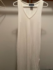 Ralph Lauren Ivory Stretch Scallop Sheath Long Dress V-neck M sleeveless VTG USA