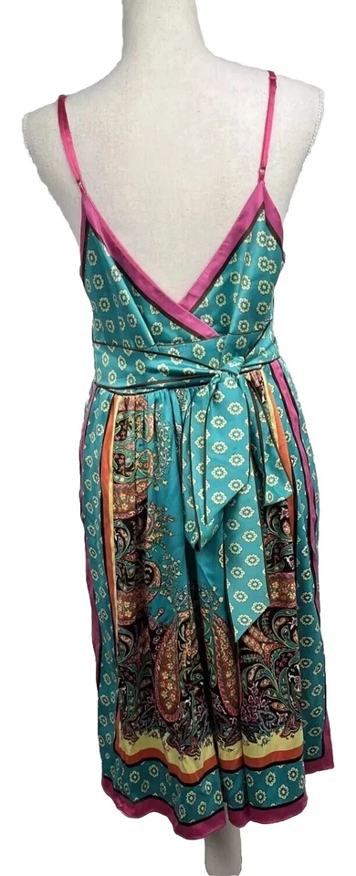 Nicole Miller Placed Paisley Empire Dress Teal Pink Orange 14 EUC - Image 3 of 4