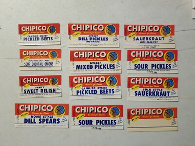 VINTAGE CHIPICO CHICAGO PICKLE COMPANY LABELS. LOT OF 12 CHICAGO, ILLINOIS 