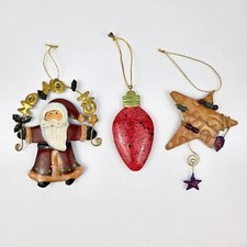 Metal Farmhouse Rustic Christmas Ornaments Santa Clause, Bulb  Star Lot Of 3