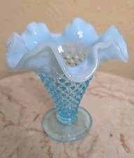 Vintage Fenton Blue Opalescent Trumpet Vase Hobnail Ruffle Edge Small