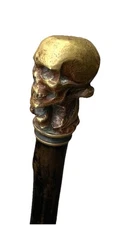 Vintage Antique Bronze Brass Skull Top Wood Swagger Knob Walking Stick Cane Old