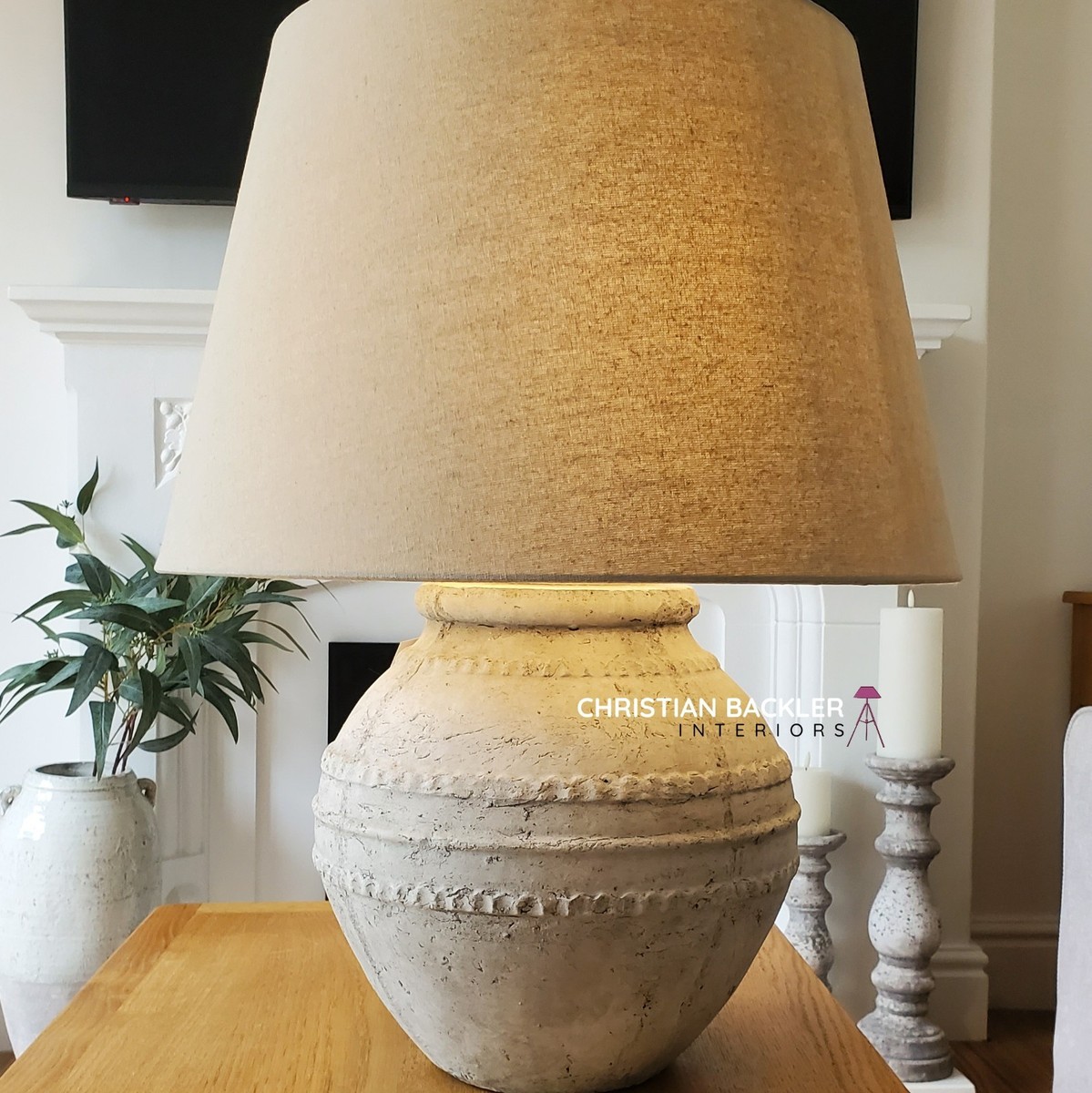 Rustic Ceramic Table Lamp with Stone Effect Base Linen Shade Regola Light  65cm