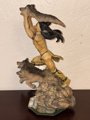 Native American Figurine Statue of Indian in Wolf Headdress With Three Wolves. 
