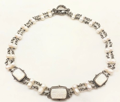Designer LAGOS Sterling Silver Luna Carved Pearl Necklace 16"