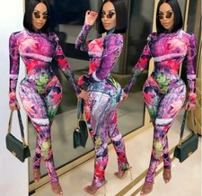 Womens Stylish Long Sleeves Multicolor Print Patchwork Bodycon Jumpsuit 2pc Larg
