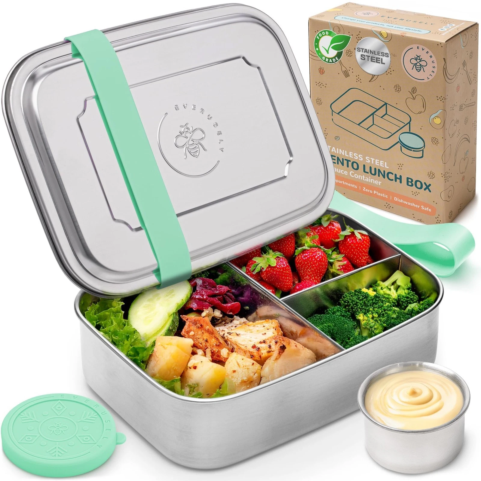 - Bento Box - Green, 60oz / 1.8 L - Extra Large Stainless Steel Lunch Box + L...