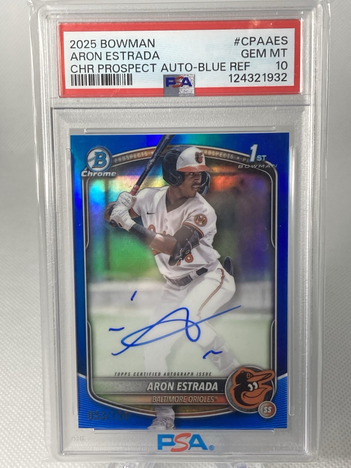 Aron Estrada 2025 Bowman Chrome 1st Auto True Blue Refractor /150 PSA 10