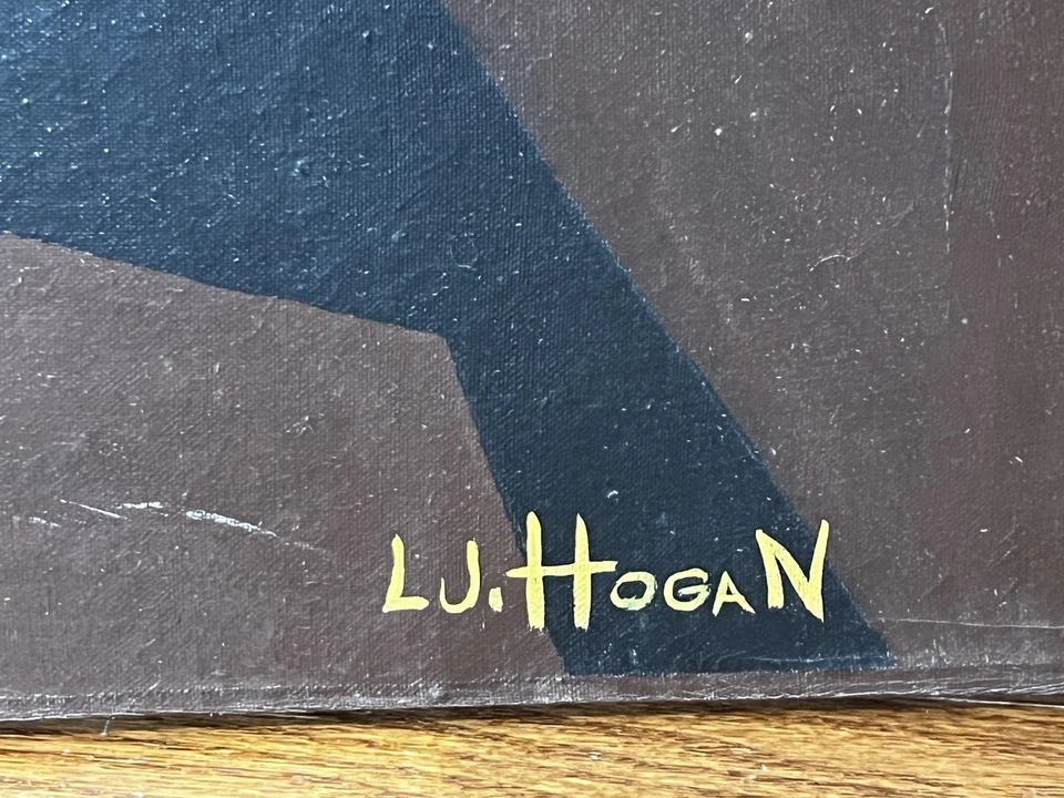 Signed L.J. Hogan Modernist Surrealism Violin Oil Painting on Canvas 42x40 - Image 4 of 4