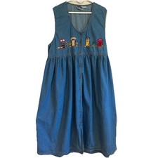Vtg Blue Denim Jumper Sleeveless Sz 20 Embroidery Teacher Modest Country Cottage
