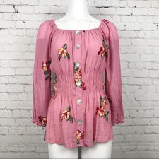 NWT Fig and Flower Pink Boho Embroidered Floral Top Size S Small