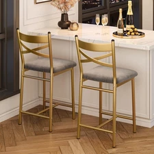 Bar Stools Set of 2, Upholstered Bar Chairs with Back, Thick Cushion, Counter...