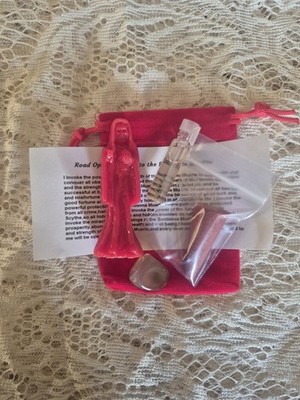 2.5'' RED Santa Muerte Statue Prayer Set Holy Death Grim Reaper Cured
