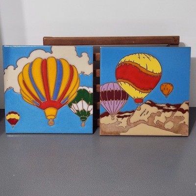Arius Hand Painted Italian Tile Hot Air Balloons Over New Mexico Santa Fe Vtg