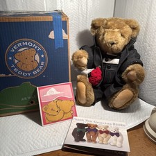 Vermont Teddy Bear Company Tan Jointed Bear in Dark Denim w/roses 16"