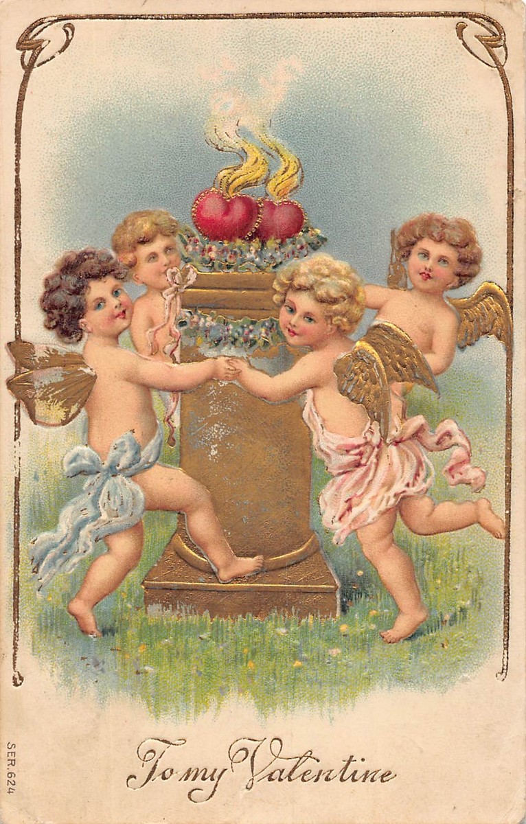 J85/ Valentine's Day Love Holiday Postcard c1910 Cupid Gold Hearts