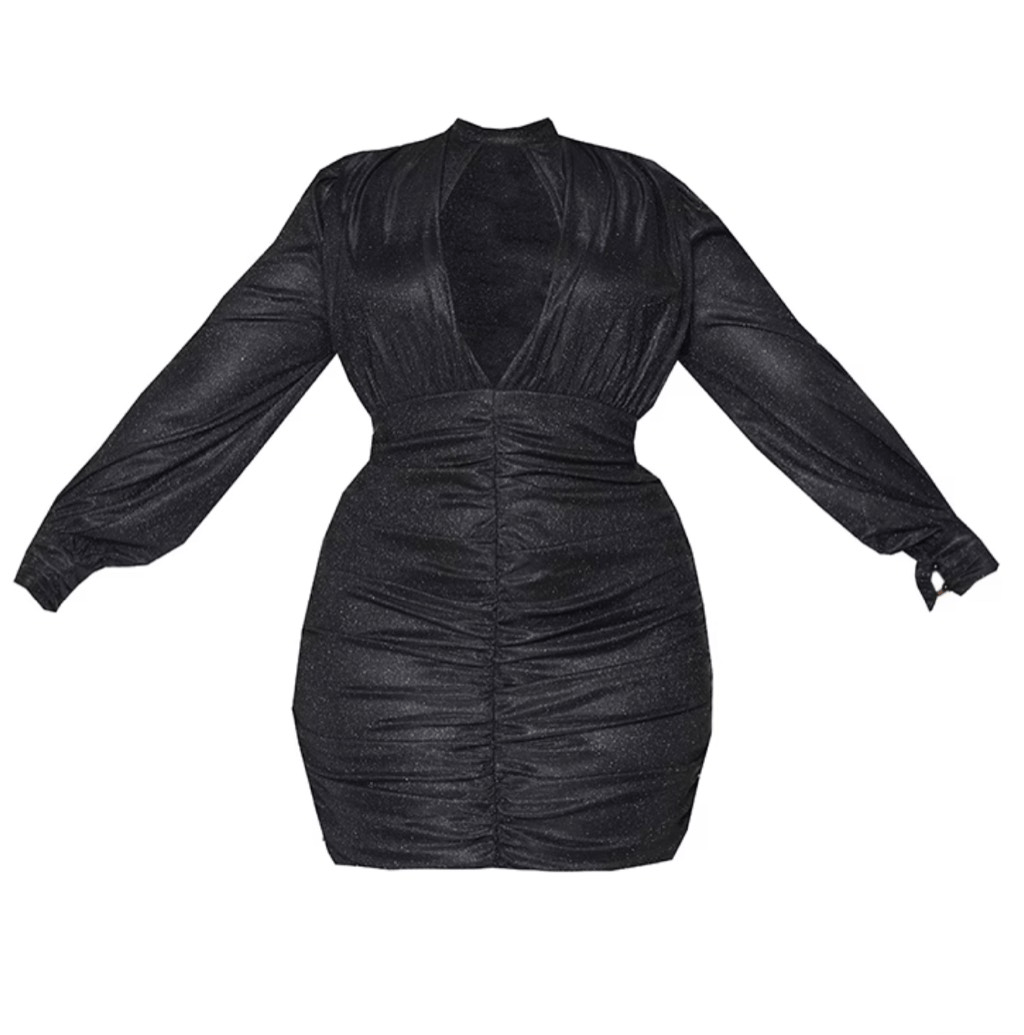 PRETTYLITTLETHING Plus Black Glitter Cut Out High Neck Bodycon Dress Size  12 NWT