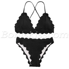 2pcs Women's Triangle Padded Scallop Bikini Set Swimwear Swimsuit Bathing Suit