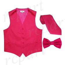 New Men's Solid Tuxedo Vest Waistcoat Necktie  Bowtie Set Party Prom Hot Pink