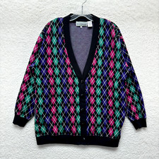 80s 90s Vintage Cardigan Sweater Colorful Argyle Retro Grandpa Fresh Price