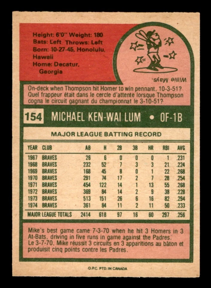 1975 OPC O-Pee-Chee Baseball #154 Mike Lum NM/MT - Image 2 of 2
