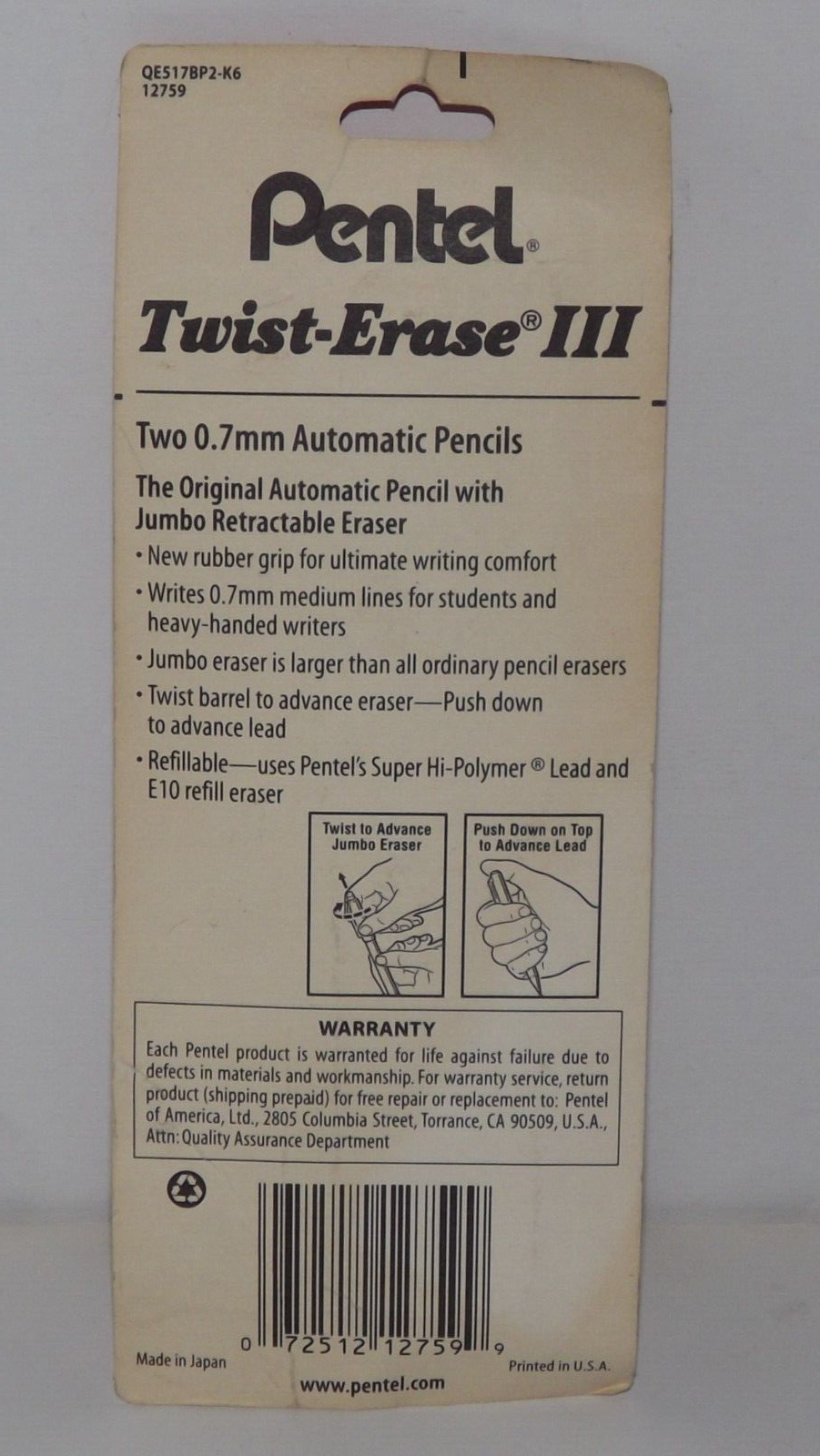 Pentel TwistErase III Automatic Pencil Black With 2 Eraser Refills 0