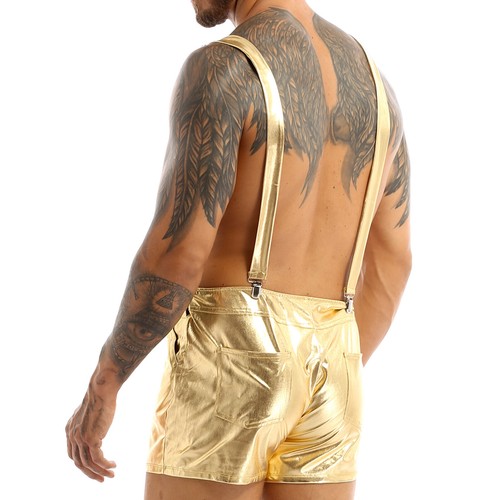 UK Men's Metallic Leather Bib Overall Shorts Casual Jumpsuit Walkshort Romper - Picture 13 of 28