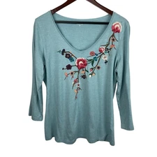 Garnet Hill Size Large Blue Floral Embroidered 3/4 Sleeve Top Boho Western 