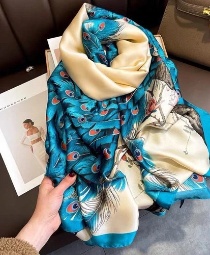 Women's 90x90cm Square Scarf Satin Silk Peacock Blue Lightweight Versatile