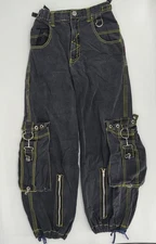 VTG Y2K Tripp NYC Small Baggy Black Cargo Pants Goth Rave Punk Rock Metal Chain 