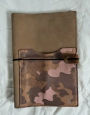 Sojourner A5 Folio Leather Notebook Cover. Sand Leather w/ Pink Camo Pocket