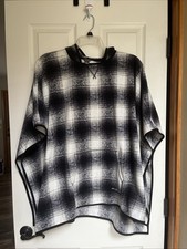 Eddie Bauer Womens Medium - XL/2X Black Plaid Hooded Poncho Cape Coat Wool Blend