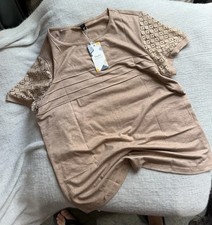 Tan T-Shirt with Lace Sleeves Size Large