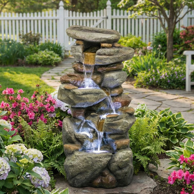 Outdoor Water Fountain Large - Stone Fountains with LED Light for Patio Yard