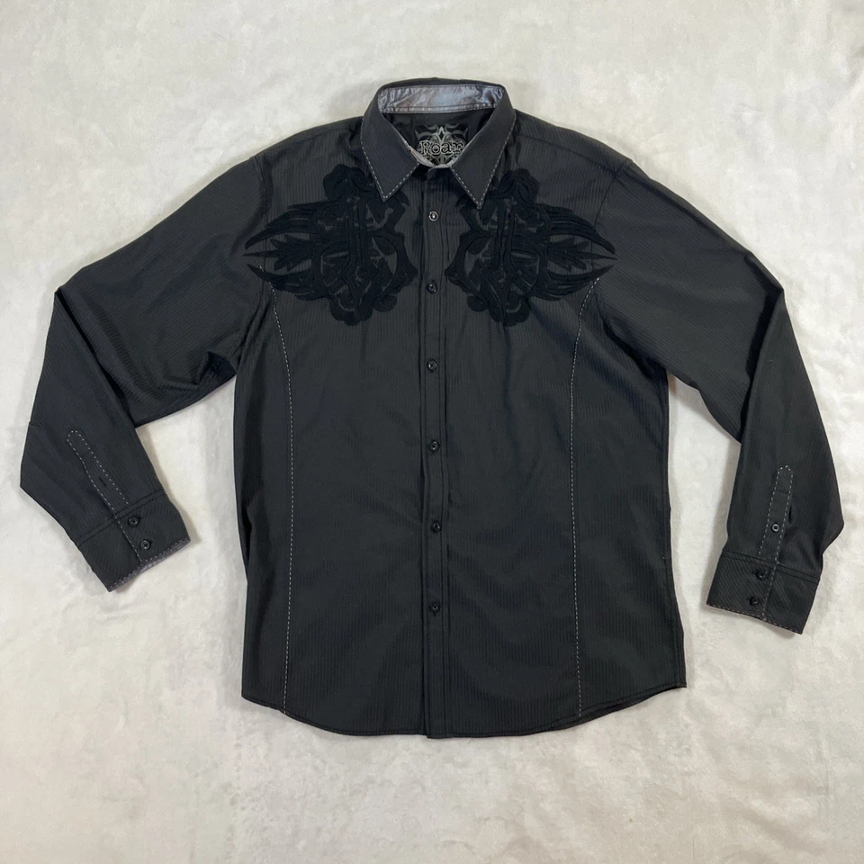 Roar Signature Mens Black Embroidered Stitch Long Sleeve Button Down Shirt SZ XL - Image 2 of 4