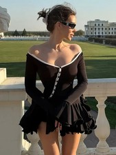 Women's A-Line Bodycon Mini Dress V-Neck Ruffle Hem Asymmetrical Long Sleeve