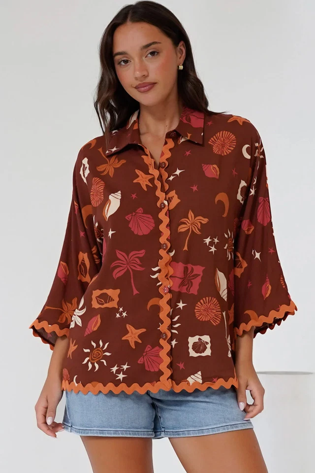Raya Shirt - Oversized Button Down in Flintsone Print - image 3 of 4