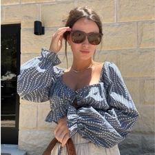 Endless Blu Women's Crop Top Small Blue Floral Long Sleeve Boho Cottagecore