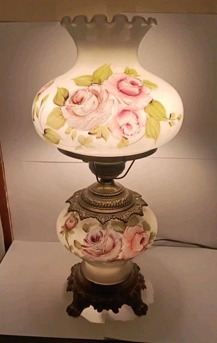 Vintage Pink Floral Painted Milk Glass 3 Way Hurricane Parlor GWTW Electric Lamp