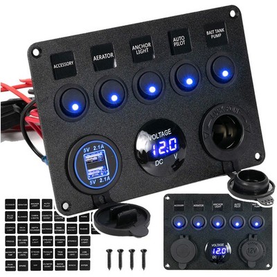 12V Rocker Switch Panel USB Charger 5 GANG ON-OFF Toggle LED Car Boat Marine 24V