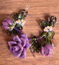47pcs Handmade Lampwork Glass Beads Purple Flowers/Buds Green Leaves, Stunning 