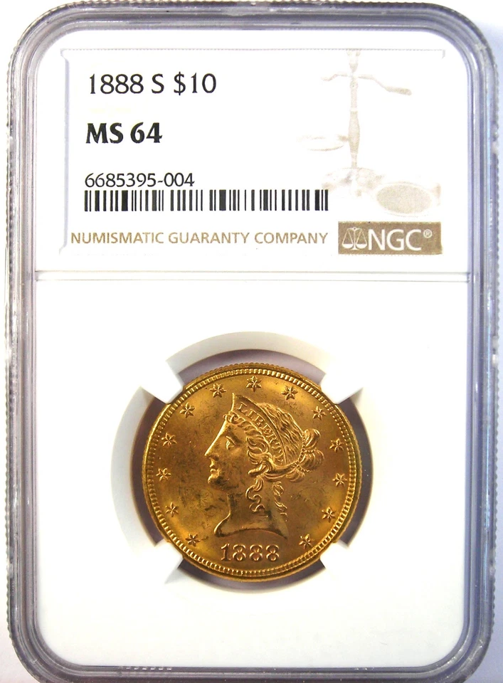 Moneda de 10 dólares Liberty Gold Eagle 1888-S - Certificada NGC MS64 (BU UNC) - Valor de 5.500 USD Foto 2 de 4