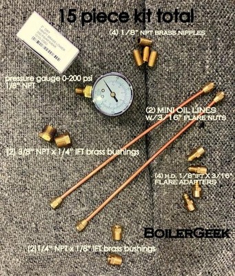 Universal Oil Burner Pressure Test Gauge w/ADAPTERS, LINES, ELBOWS,MUCH MORE!