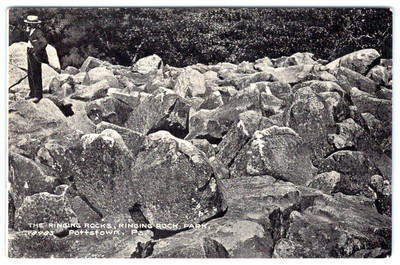 1910's MAN ON BOULDERS RINGING ROCKS PARK POTTSTOWN PA PENNSYLVANIA POSTCARD