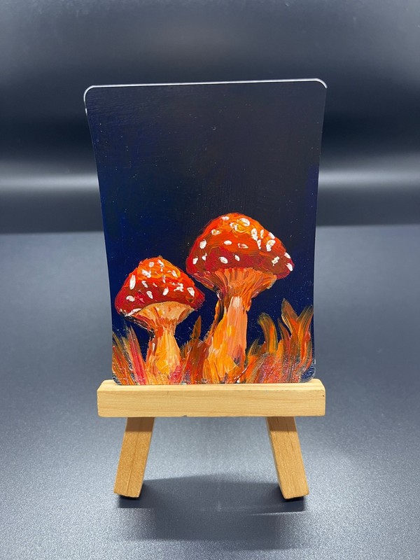 ACEO 2.5x3.5in painting “toad stool mushrooms 2” original acrylic by Signa