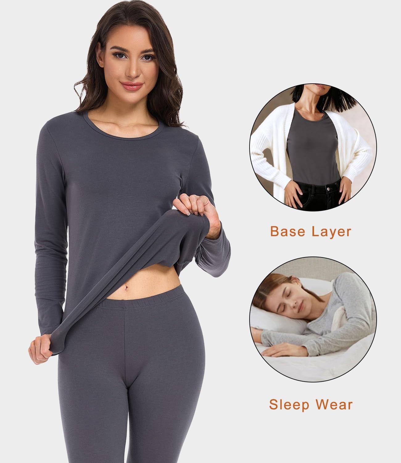 Womens Cotton Thermal Long Johns Pajama Set, Size M, Deep Grey