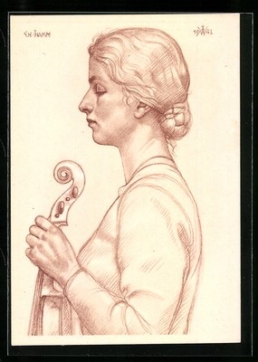 Artist postcard Willrich: a violinist from Baden with her instrument 