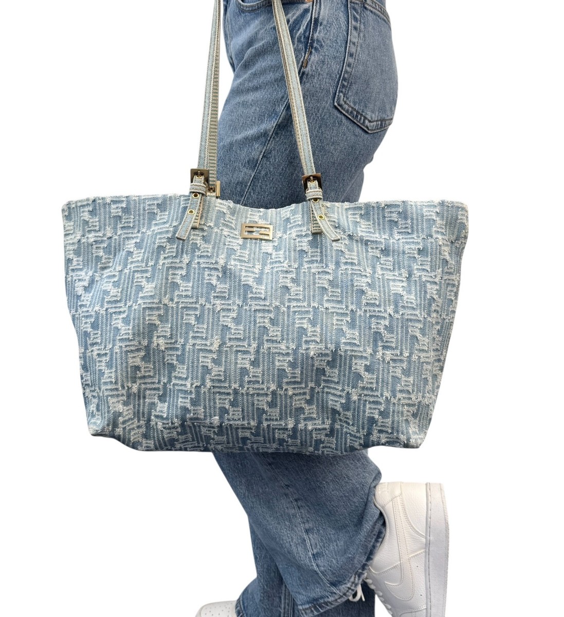 FENDI Vintage Zucca Monogram Denim Shoulder Tote Large Bag Blue FF