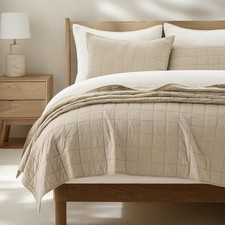 EVERGRACEHOME 100 Cotton Box Stitch Quilt Bedding Set Queen 3Pc Pebble Khaki